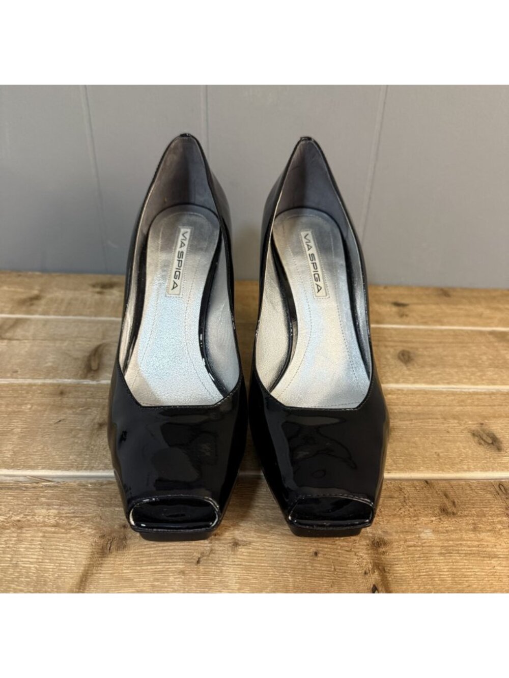 Black Patent Leather Peep Toe High Heels With Platform Sole & Stiletto Heel Size - Picture 3 of 7